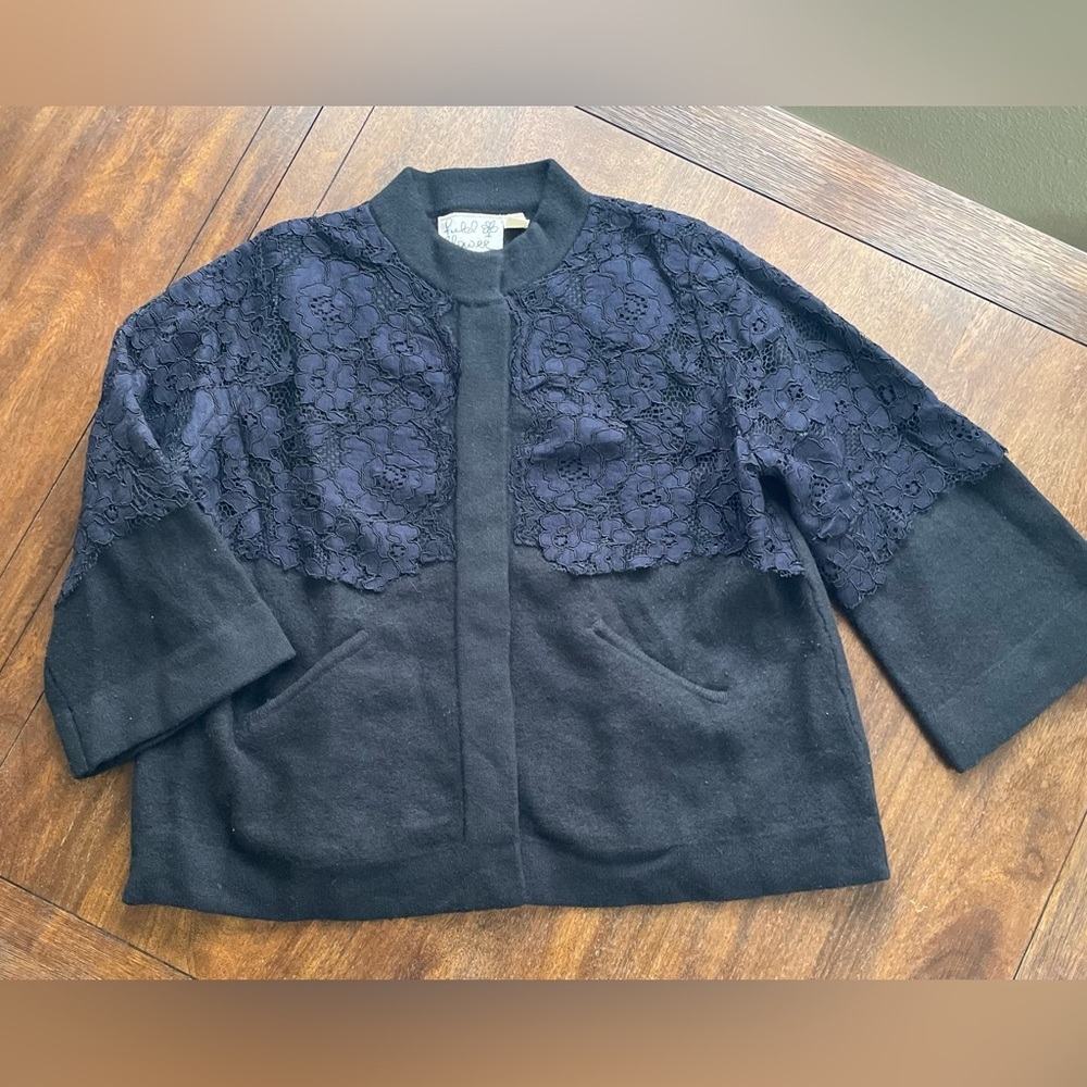 ANTHROPOLOGIE FIELD FLOWER  Black Cardigan Womens Size L Navy Laced Bell-Sleeve - Picture 2 of 13